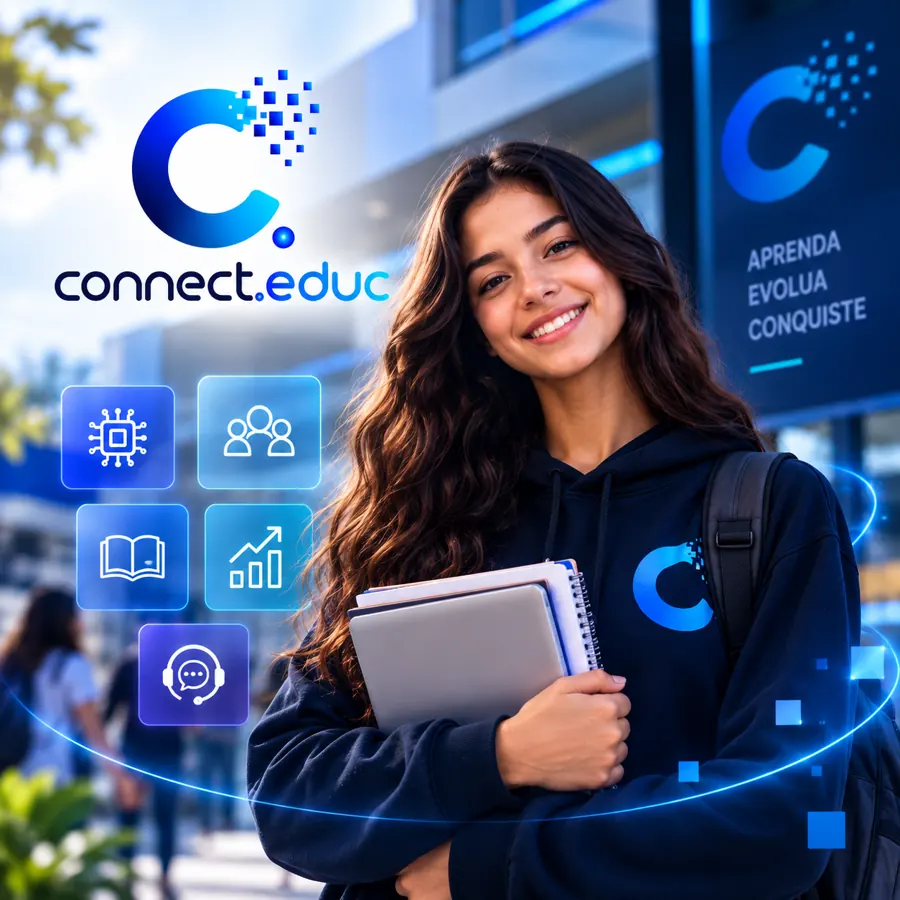 Estudante com materiais de estudo e identidade visual Connect.Educ